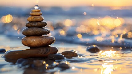 Obraz premium Serene Stack of Smooth Stones on Wet Shore with Sunset Reflections and Water Droplets in Background
