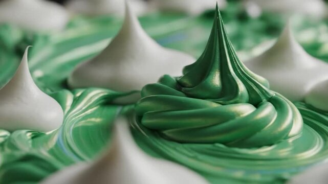 Close-Up of Green and White Creamy Frosting with Swirls and Peaks.
