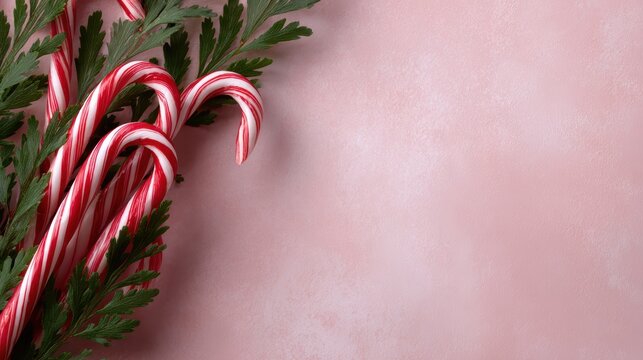 Christmas decorations with candy canes and greenery, festive seasonal background, holiday celebration concept