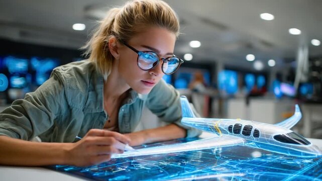 Technology Innovation: A focused scientist, her glasses reflecting the glow of innovation, intently studies a prototype, a symbol of future development.