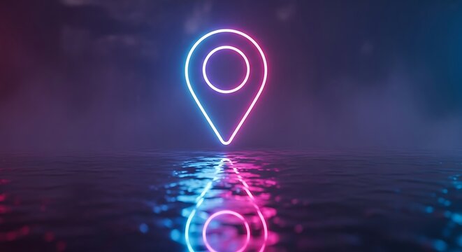 Neon Light Location Pin Icon Reflecting on Water in Night Scene