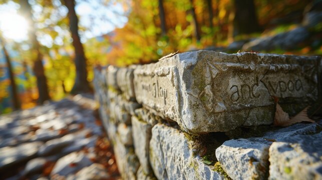 Detailed Close-Up of Weathered Stone Wall with Carvings Surrounded by Autumn Foliage and Light