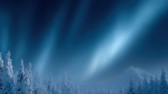 Snowy fir forests on winter mountains with dazzling Aurora Borealis in clear night sky, festive Christmas scene