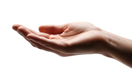 Open human hand extended forward in a gesture of giving or receiving against a dark background