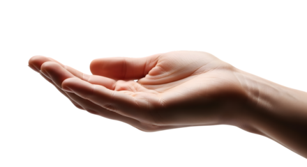Open human hand extended forward in a gesture of giving or receiving against a dark background
