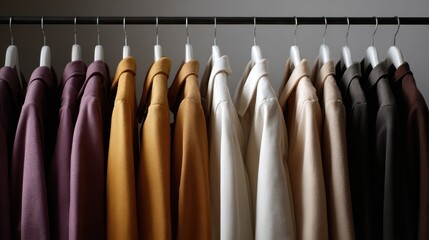 Casual seasonal coats in different colors, autumn and winter fashion, hanging on clothing rack