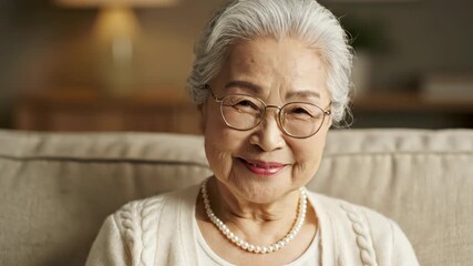 Portrait of a smiling elderly asian woman with glasses and pearl necklace - Powered by Adobe