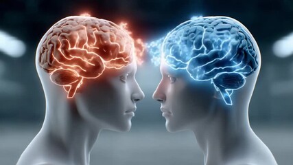 Brainstorm of Connection: A captivating illustration showcases two facing profiles, with the glowing cerebral structures representing an exchange of knowledge, connection.