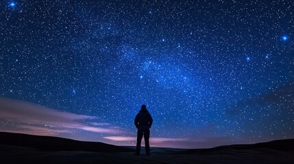 Fototapeta premium A silhouette of a person standing on a hillside, gazing at a starry night sky filled with countless stars and the Milky Way. 