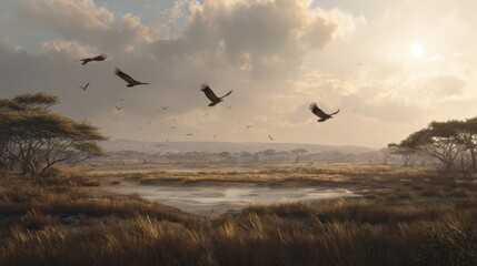 Obraz premium Panoramic View of African Savannah with Soaring Vultures During Sunset
