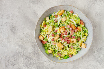 Brussels sprouts Caesar salad, with bacon and croutons, healthy food, homemade, no people,