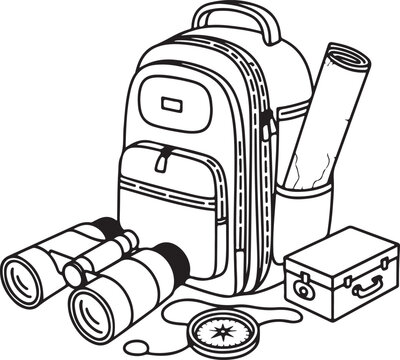 Outdoor adventure travel gear vector illustration featuring a backpack, binoculars, compass, and map for exploration