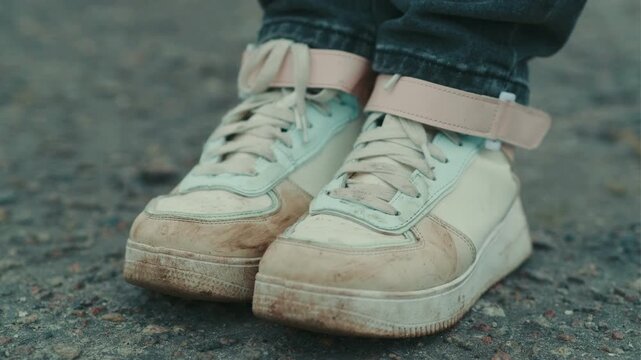 A person stands on a gravel path wearing dirty white sneakers The shoes are scuffed and stained indicating outdoor activities The surroundings are slightly muddy and dull