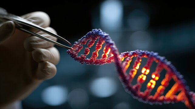 Scientific Research on DNA Structure with Laboratory Equipment and Gloved Hand