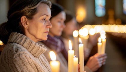 Woman praying with candles at All Saints' Day ceremony, expressing faith and remembrance in a church setting