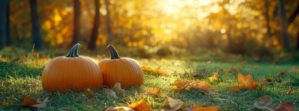 Orange pumpkins on a bright autumnal nature background.