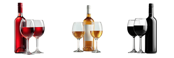 Set of Three wine bottles and glasses on a white background. isolated on a transparent background.