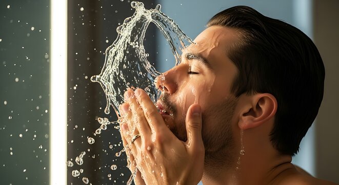Young Man Washing Face Splashing Water Close Up in Bathroom