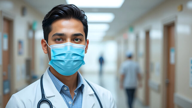 Dedicated Young Male Doctor or Surgeon Wearing Medical Mask and Stethoscope in Bright Hospital Corridor for Healthcare and Professional Medicine Concepts