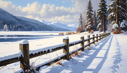 Winter landscape scene with snowy fence, lake, mountains, and trees under a blue sky