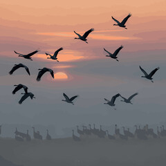 Isolated Birds in flight. A silhouettes of cranes in flight. Flock of cranes flies at sunrise. Foggy morning, Sunrise sky background. Common Crane, Grus grus or Grus Communis, big bird in the natural 