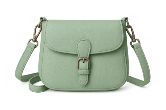Green faux leather crossbody bag with buckle closure and adjustable strap, a women's fashion accessory