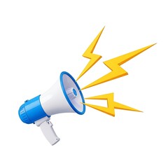 Blue and white megaphone with yellow lightning bolts