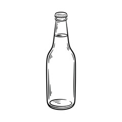 Hand drawn sketch of an empty clear glass bottle with a metal cap on a white background