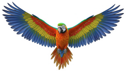 Vibrant scarlet macaw parrot with wings spread wide in flight displaying brilliant blue yellow and red plumage isolated on transparent background