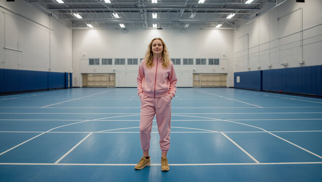 Woman Pink Tracksuit Golden Sneakers Gymnasium Blue Floor Blonde Hair Standing Modern Clean Smiling Full Length Zipper Joggers Athletic Generative AI