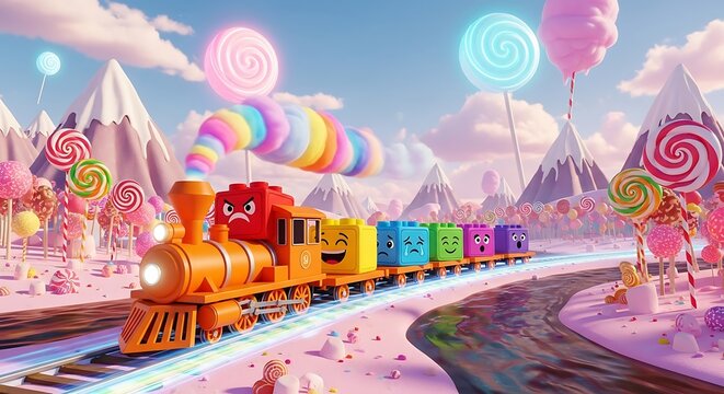 Orange train with colorful emoji carriages travels through candy land lollipop mountain