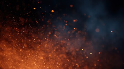 Fire sparks and glowing embers flying in dark space, abstract warm light frame from above and below