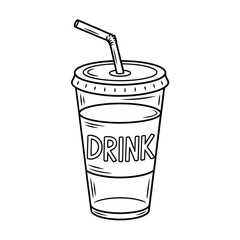 Hand drawn sketch of a disposable cup with a straw and the word drink