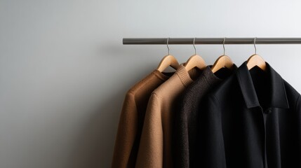 Clothing hanger showing brown coat, brown sweater, and black jacket, minimalist fashion display