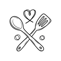 Hand drawn crossed spoon and spatula with heart symbol for cooking and baking