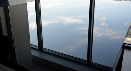 Window reflects the sky and buildings creating a serene atmosphere in a modern office space offering a unique perspective of the urban environment and the beauty of the sky.