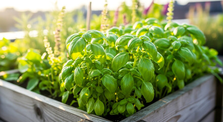Fresh basil plants growing in a wooden box on a rooftop garden , ai generated image