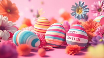 Happy Easter colorful striped eggs and flowers