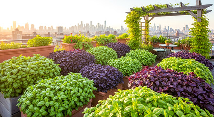 Rooftop garden with basil plants and city skyline in the background , ai generated image