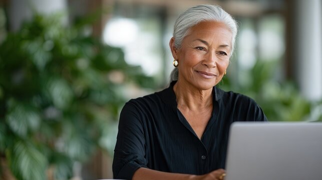 A senior woman with gray hair smiles while using a laptop in a bright, modern office filled with plants. Ideal for business and technology themes.