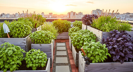 Rooftop garden with basil plants in wooden planters at sunset , ai generated image