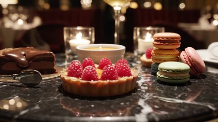 Delicious desserts on a table with candles and drinks.