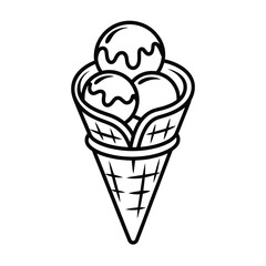 Simple black and white line drawing of a three scoop ice cream cone