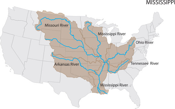 Mississippi River System and Basins Labelled on the USA Map Vector