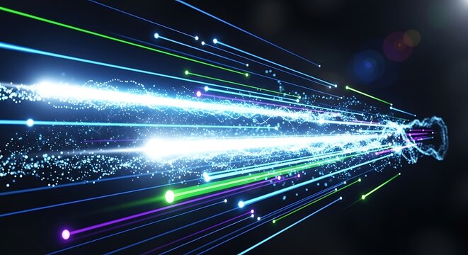 Abstract digital data stream illustration with colorful light trails and particles