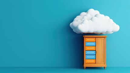 legal intellectual property strategy concept. Whimsical cabinet with a cloud against a vibrant blue wall.