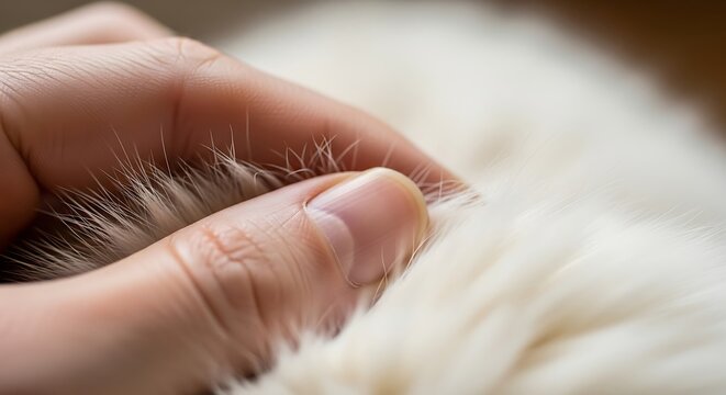 Close-up of Human Hand Gently Holding Cat's Fur in Soft Light