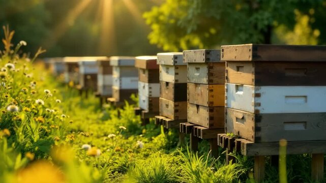 Rows of wooden beehives in a green field with yellow flowers under sunlight, representing beekeeping and honey production.