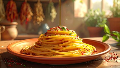 Golden Spaghetti Delight with Fresh Herbs and Olive Oil