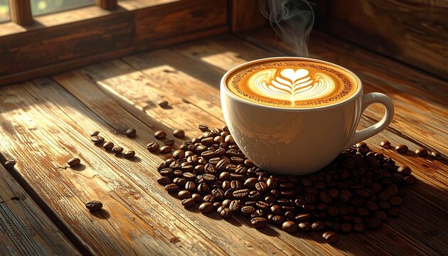 A cup of steaming coffee with latte art sits on a pile of coffee beans, illuminated by sunlight through a wooden window - Powered by Adobe